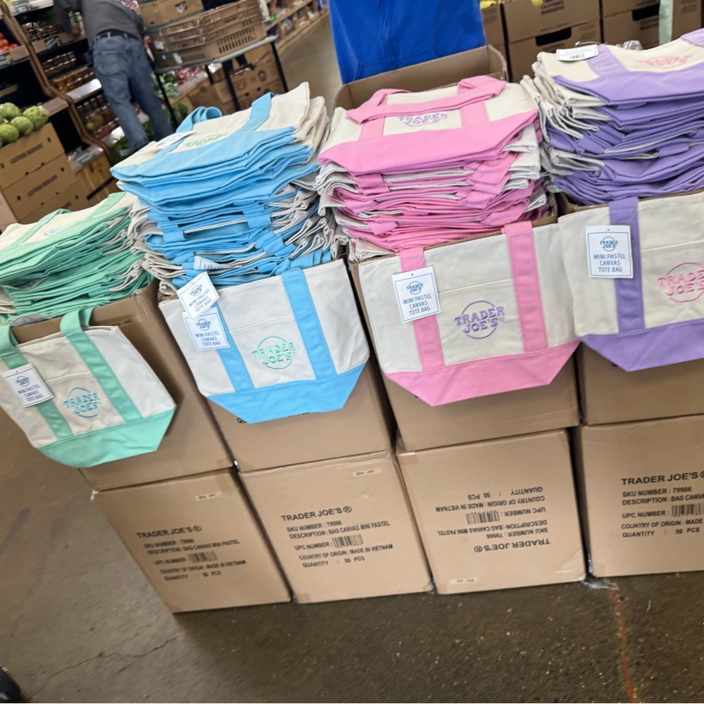 Trader Joe's Reusable Tote Bags - Blue, Pink, Purple, Green
